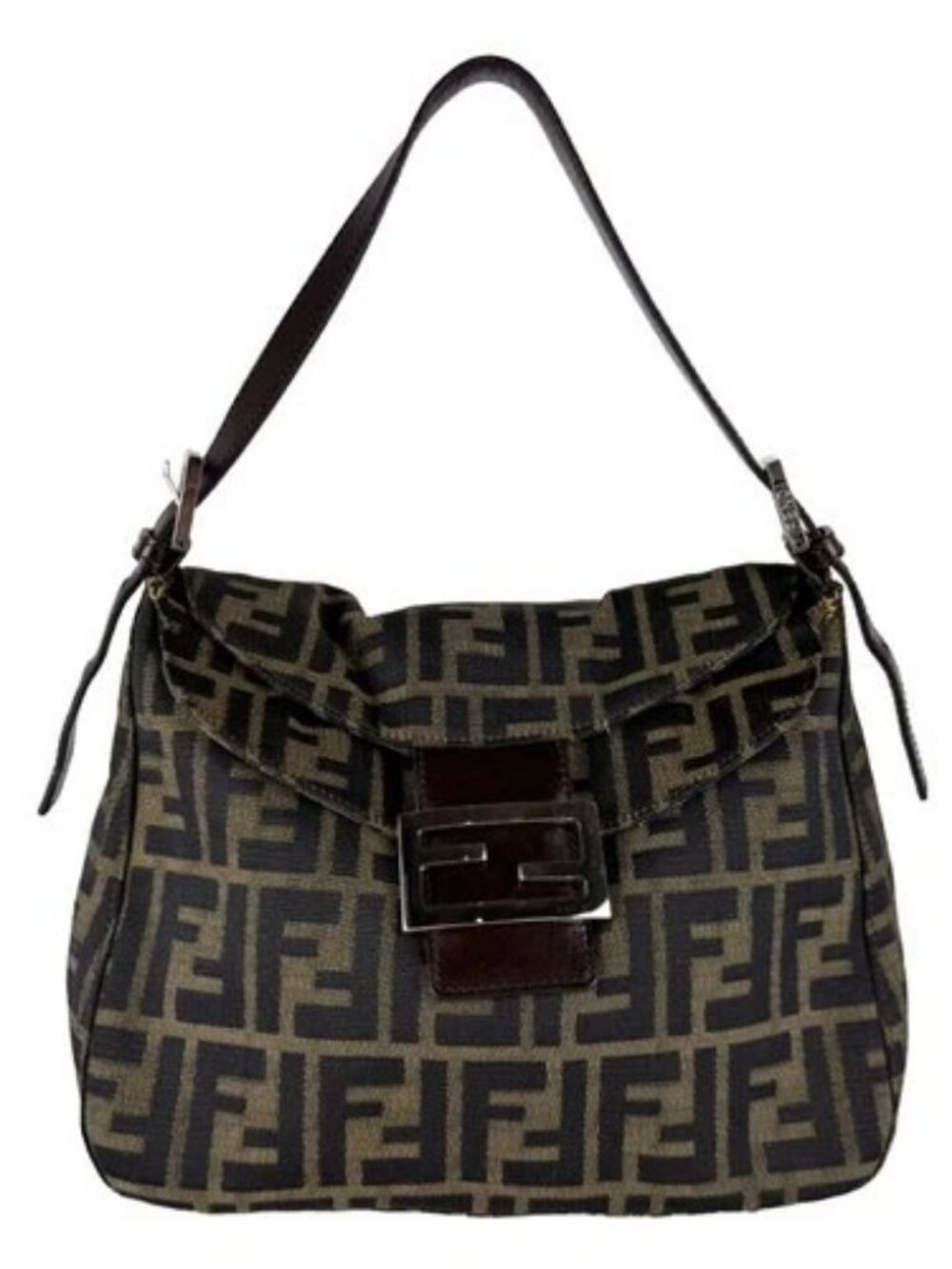 Auth FENDI Zucca Shoulder Bag Brown Nylon Canvas/Leather/Silvertone - z10834
